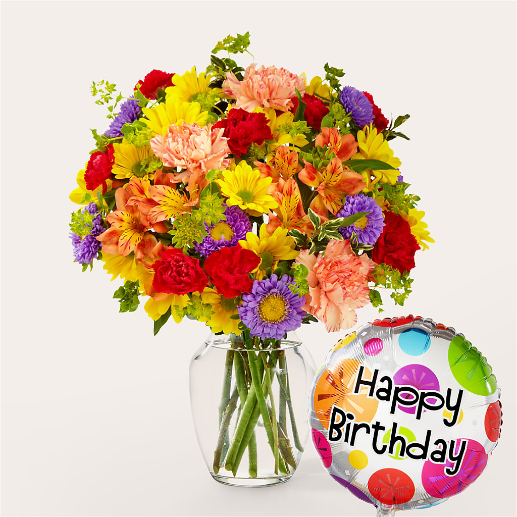 Kaleidoscope Bouquet with Birthday Balloon – Jose Arrangements, Los Angeles CA