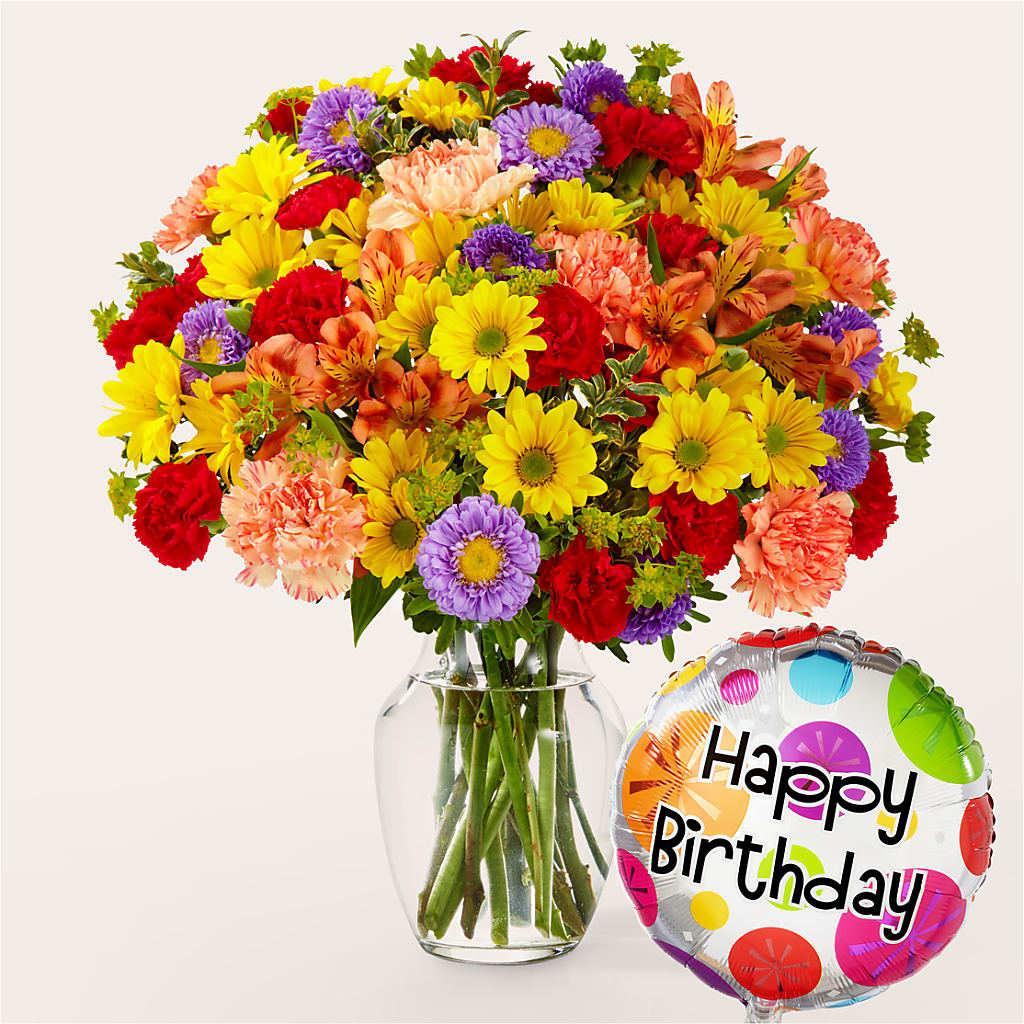 Kaleidoscope Bouquet with Birthday Balloon – Jose Arrangements, Los Angeles CA