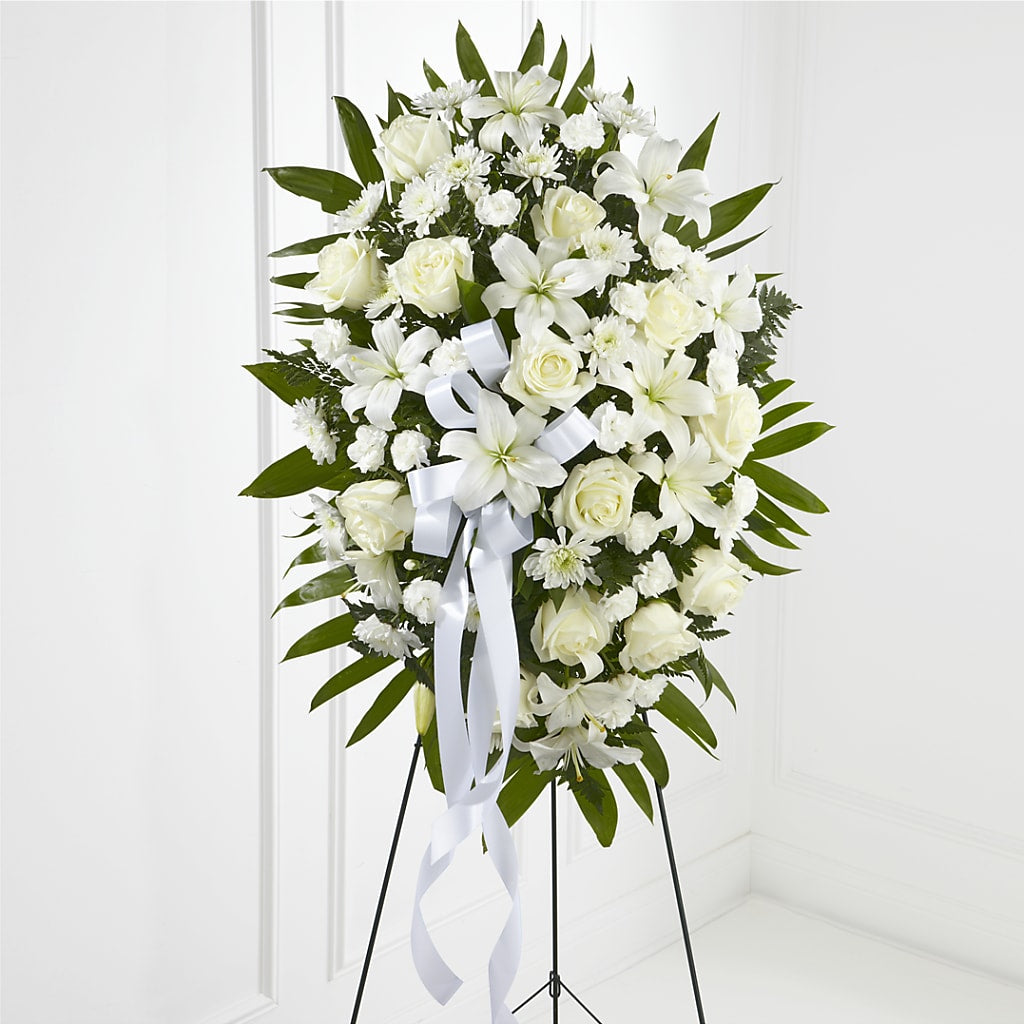 Exquisite Tribute Standing Spray-White Ribbon – Jose Arrangements, Los Angeles CA