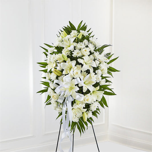 Exquisite Tribute Standing Spray-White Ribbon – Jose Arrangements, Los Angeles CA